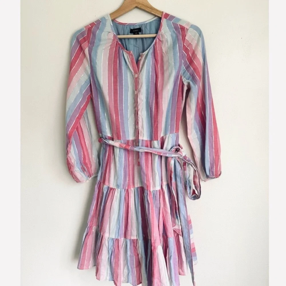 J. Crew Belted Button-Up Dress in Pastel Stripes Pink Blue